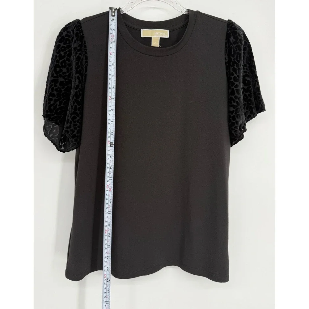 Michael Kors Womens Black Velvet Leopard Puff Sleeve Top Sz M
